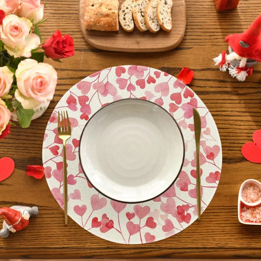 مجموعة مفارش عيد الحب المستديرة على شكل قلوب الحب الوردية مكونة من 4 قطع من سجادات طاولة مستديرة لحفلات الزفاف والذكرى السنوية لتزيين الطعام #2
