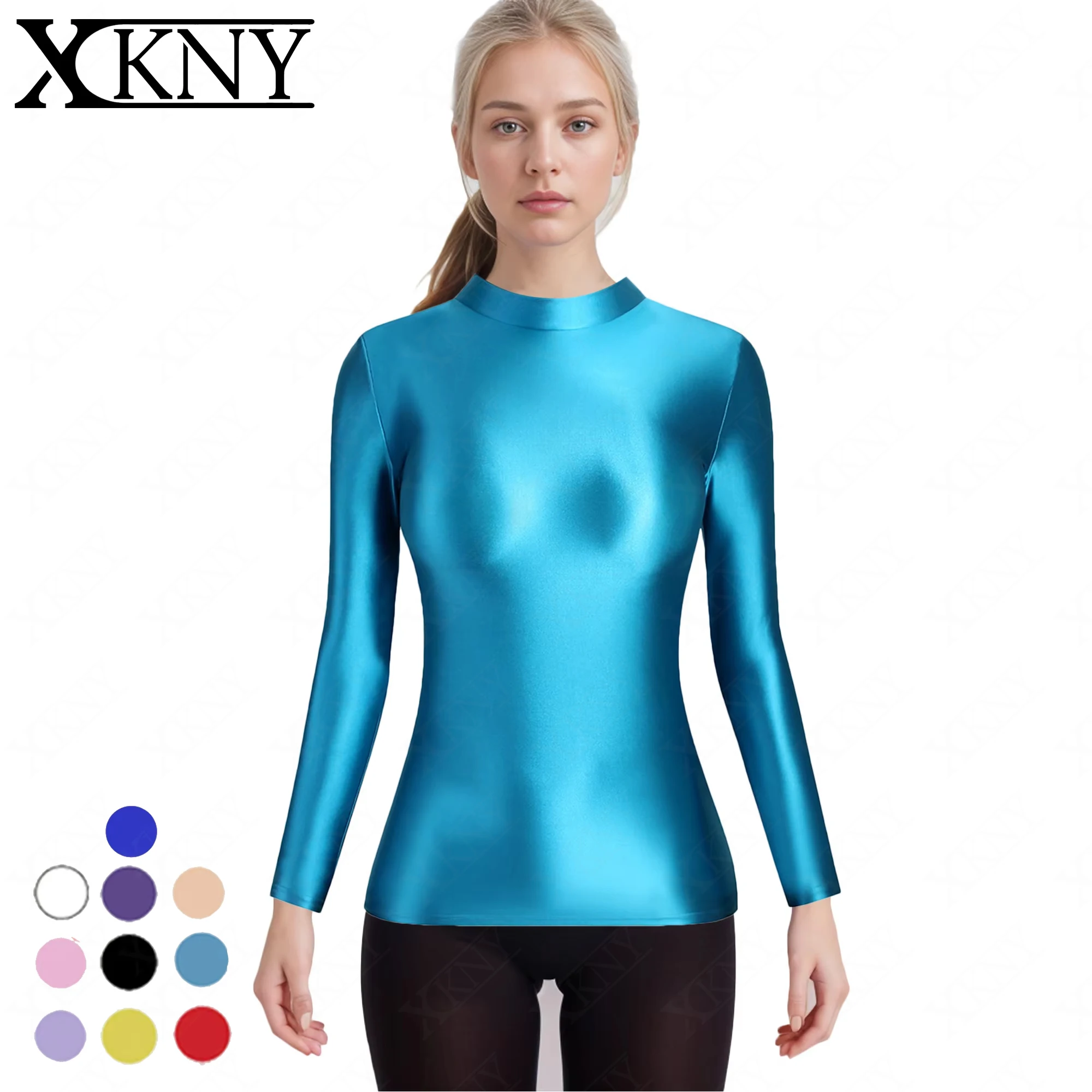 

XCKNY glossiness series top satin glossy long sleeve high neck casual clothes Yoga sportswear smooth multifunctional tights