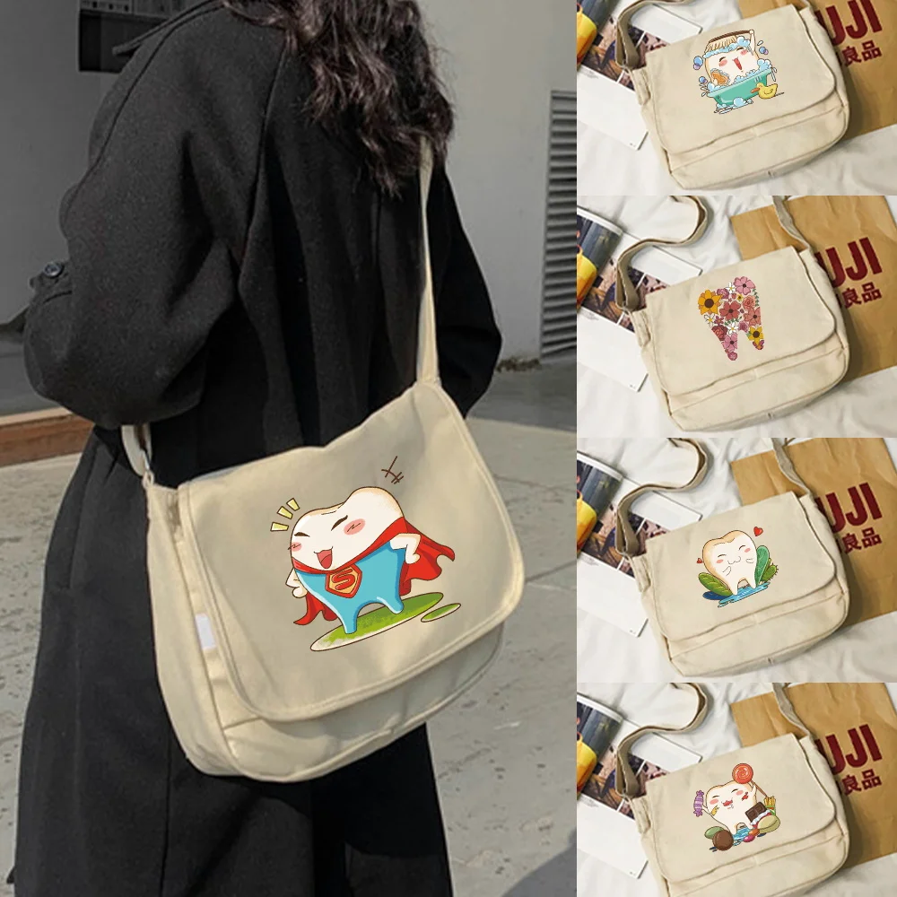 Casual Teeth Print Student Messenger Bag New Canvas Shoulder Bag for Women 2024 Fashion New Crossbody Bolsas Sac Small Handbag