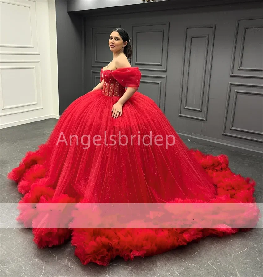 Angelsbride 2025 Customized Red Ball Gown Quinceanera Dresses Ruffle Off Shoulder Beading Sweet 16 Dress Vestido De 15 Anos