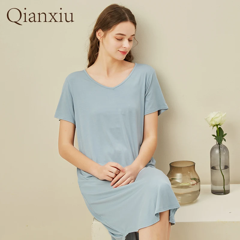 2021Women\'s Robe Baboo Fiber Round Collar Short Sleeve Nightdress Ladies Sexy Sleepwear Plus Size Pajamas Night Wear Camisola