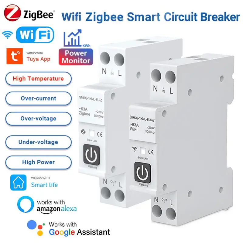 

Умный выключатель TUYA ZigBee с Wi-Fi, автоматический выключатель с дозатором, 1P, 63 А, DIN-рейка, с поддержкой Alexa и Google