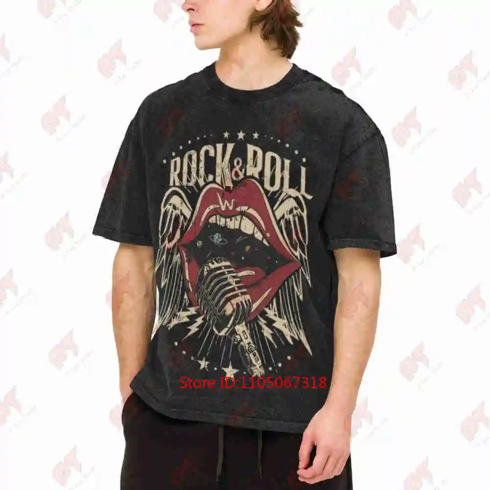 Rock Roll Bold Red Lips Microphone Stage Vintage Washed Tee Pure Cotton T-Shirt