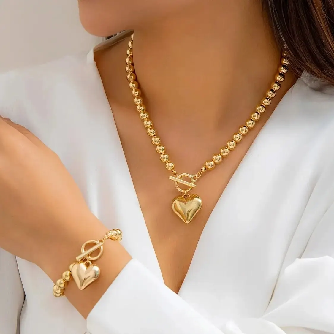 2Pcs Luxury Gold Color Beads Heart Pendant Necklace Bracelet for Women Punk Vintage OT Buckle Choker Wedding Party Jewelry Set