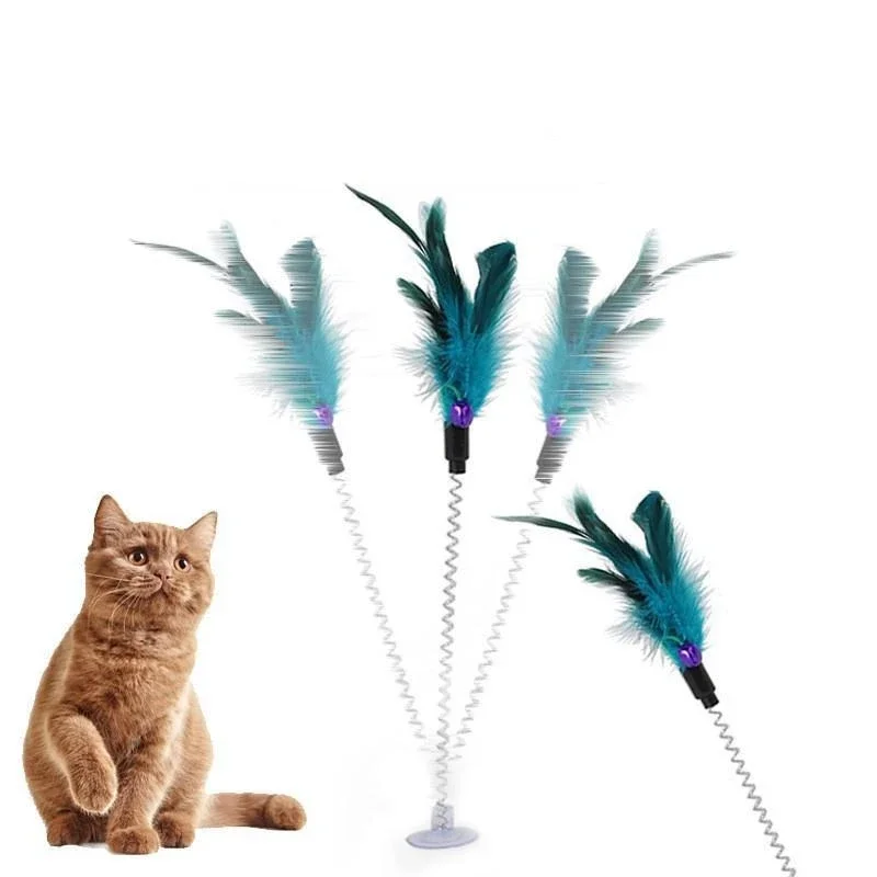 Cat Interactive Toy with Sucker Spring Feather Plush Funny Kitten Pet Toys Random Color  Аксесуари Для Котів