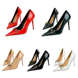 Women 10cm High Heels Patent Leather Career Socialite Shoes Lady Stiletto Heels Luxury Metal Buckle Green Nude  Banquet Pumps