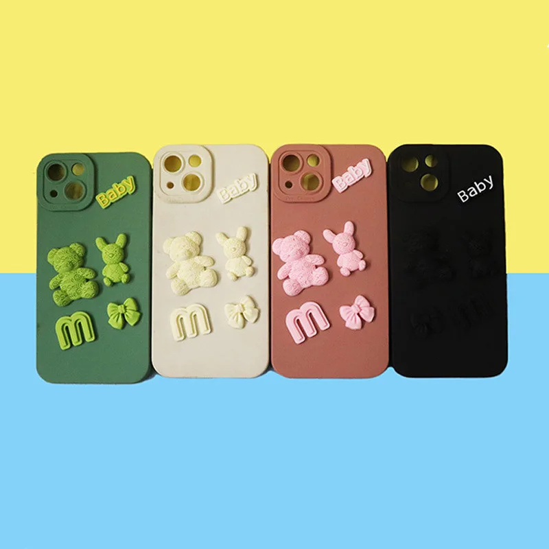 5pcs/lot Silicone Cute 3D Smile Bear Bow Cell Phone Case Sticker Accesorries No-Adhesive Phone Cover Decorative Sticker