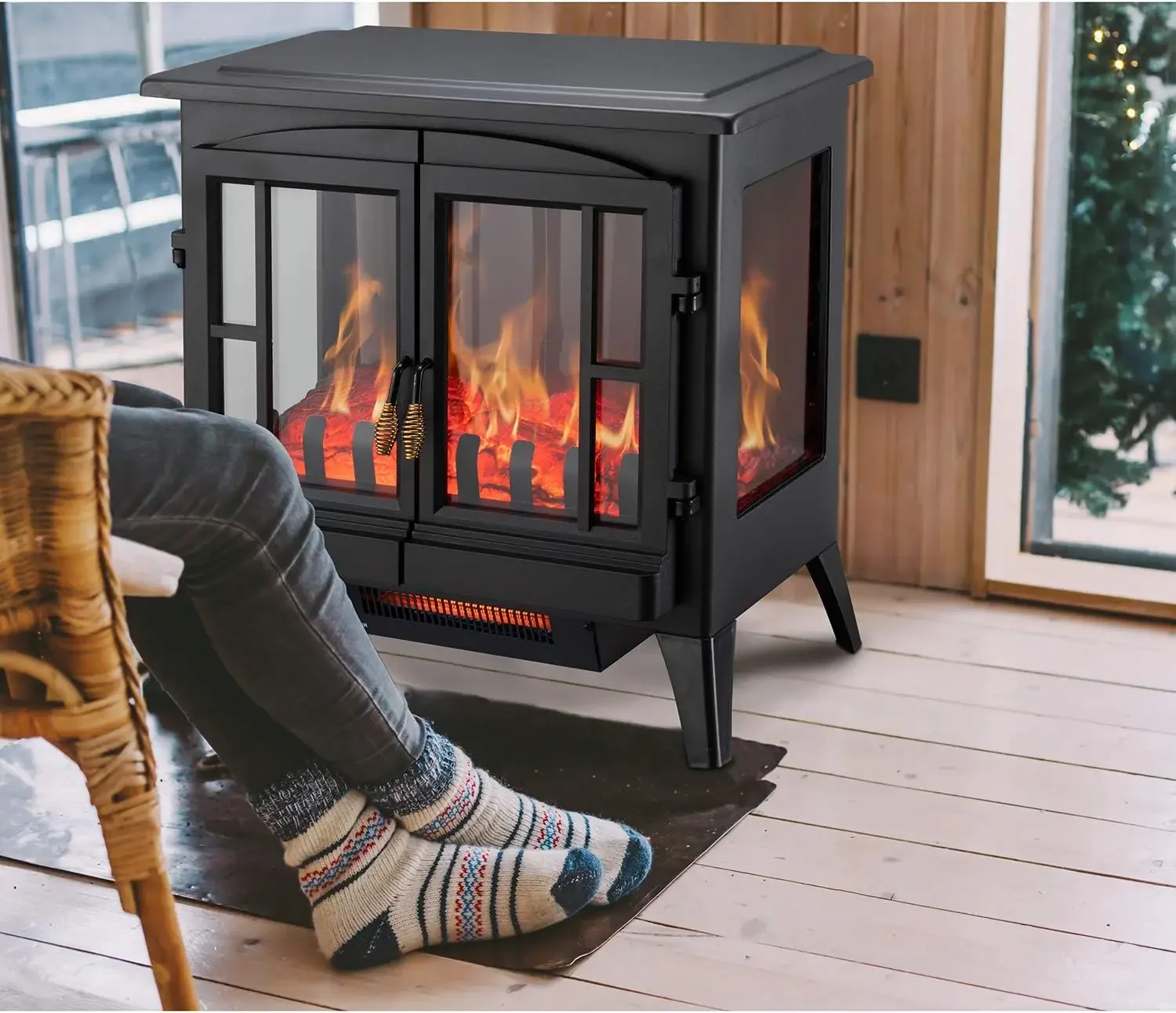 Electric Fireplace Stove, Freestanding Fireplace Heater with Realistic Flame, Indoor Electric Stove Heater, Portable, Infrared