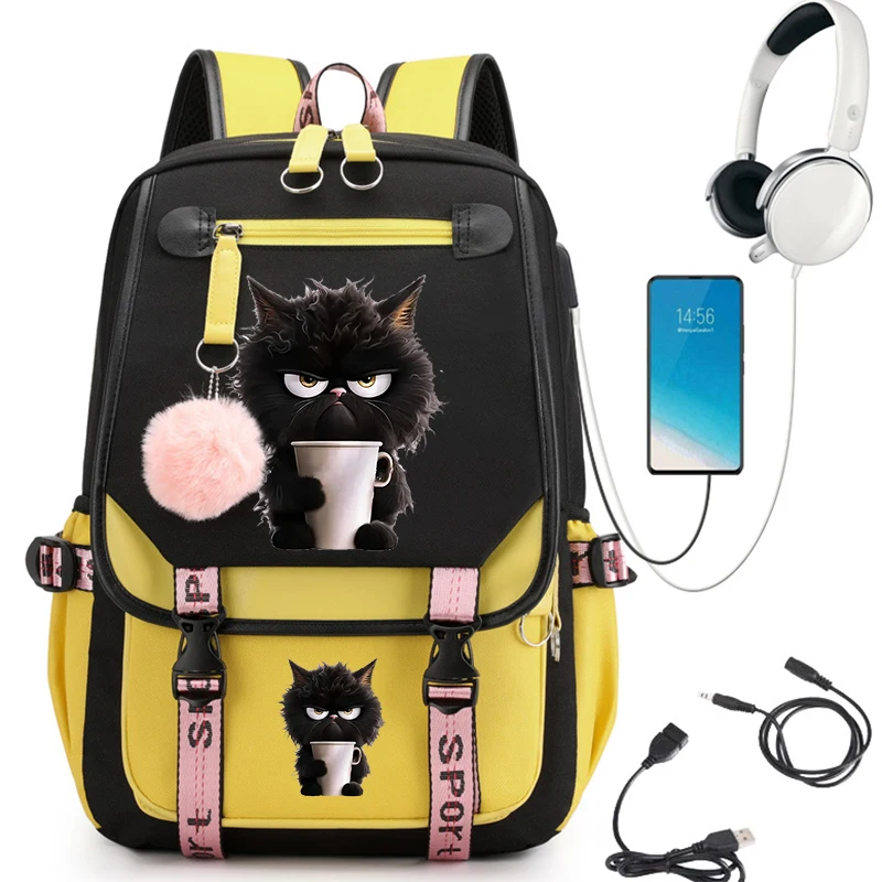 Black Cat Coffee Schoolbag for Girls Large Capacity Student Backpack High School Student Backpack Bags Cartoon Bagpack Usb Bags