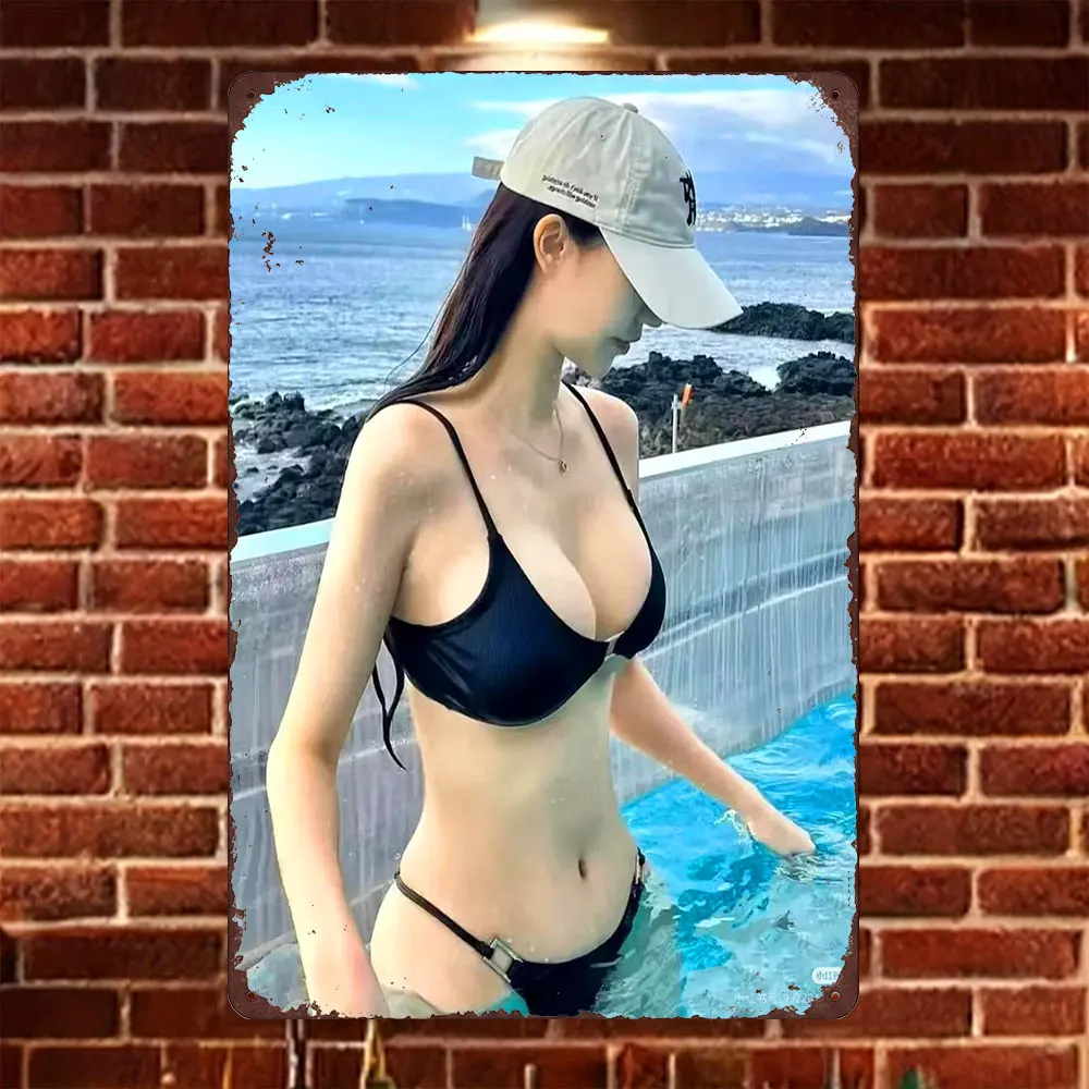 HD Tin Sign Vintage Asian Girl in Black Bikini & Cap at Poolside Metal Wall Art Retro Decor for Home Bar Cafe