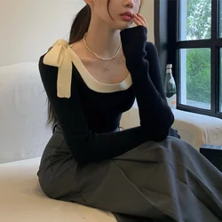 Bow U Neck Jersey Sueter Mujer Y2k Clothes Slim Black Sweater Women Jumper Bottom Aesthetics Grunge Tops Knit Shirts