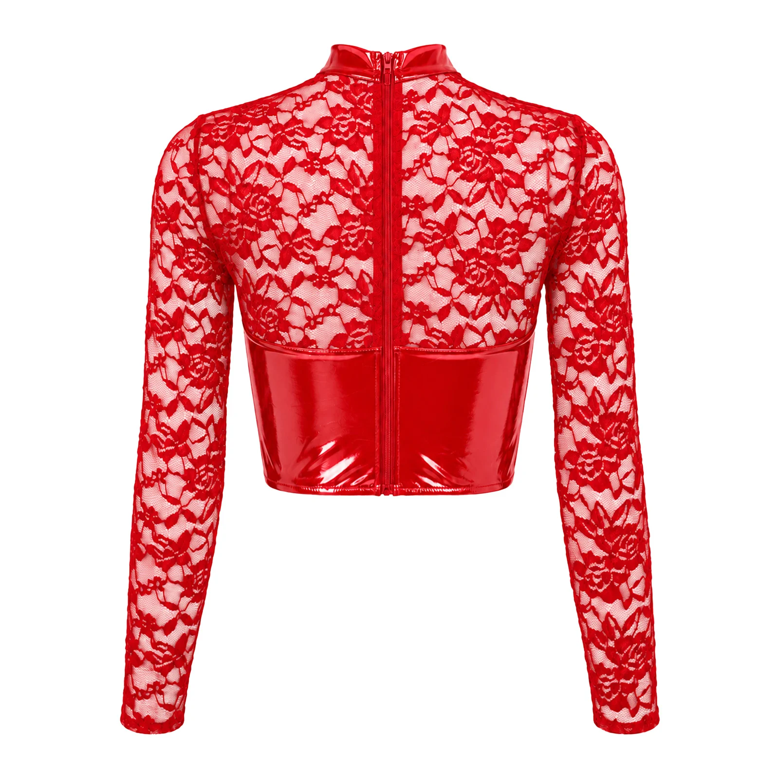 Womens Patent Leather Patchwork Floral Lace Crop Tops Long Sleeve Tops for Nightclub Rave Party Stage Performance Stage Show