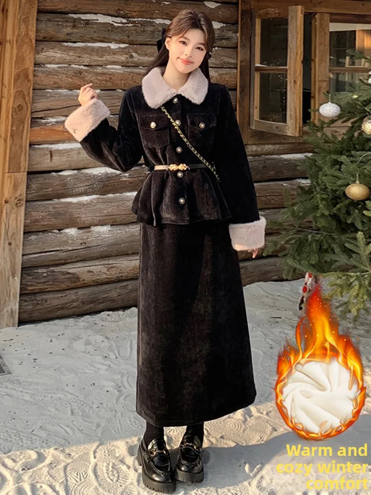 

Модный женский осенне-зимний комплект 2026: Новинка, элегантный, с меховым воротником, куртка и юбка, на хлопковой подкладке, комплект из двух предметов