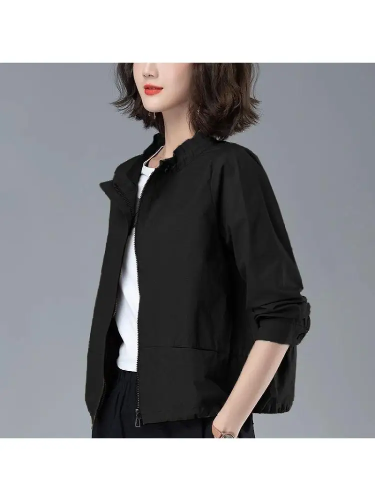 

ort Casual Women's Jaet Spring Autumn 2025 Faionable Korean Sle Pure Color Long Sve Stand Collar Polyester Fiber