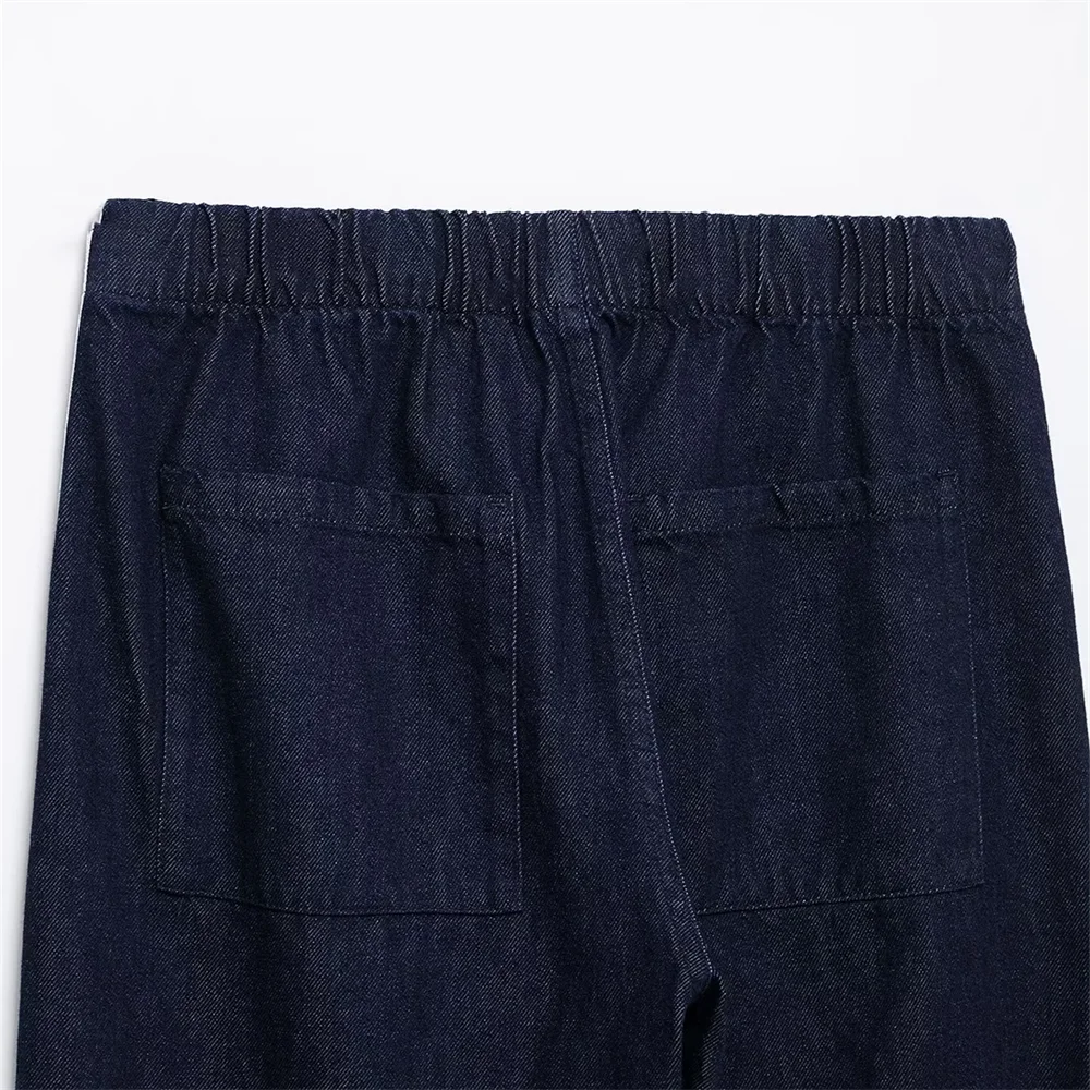 2025 RARA Conjunto de chaqueta con cremallera y pantalones anchos con cordón para mujer en color azul marino con rayas blancas