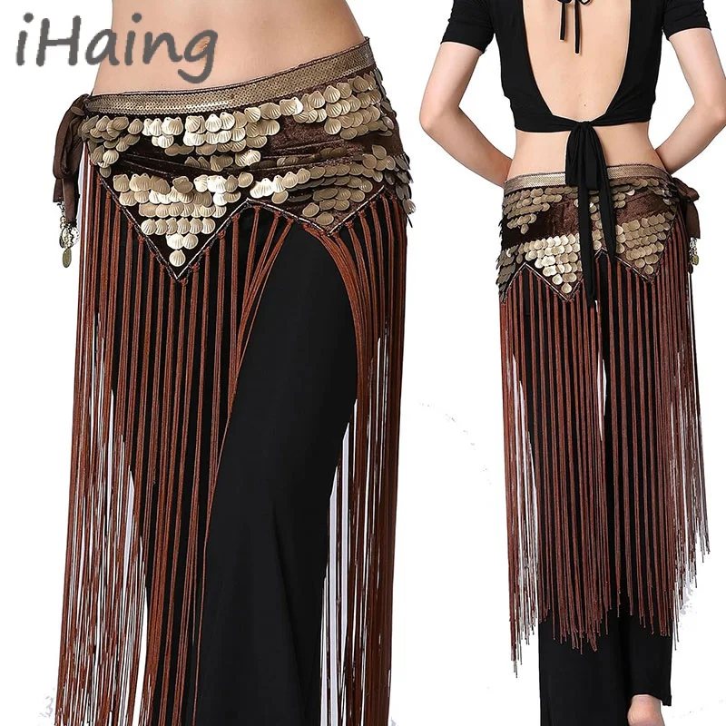 Tribal Coins Wave Shape Belly Dance Hip Skirt Shiny Dancing Wrap Belt Fringe Tassel Shawl for Women Girls Dancewear Outfit