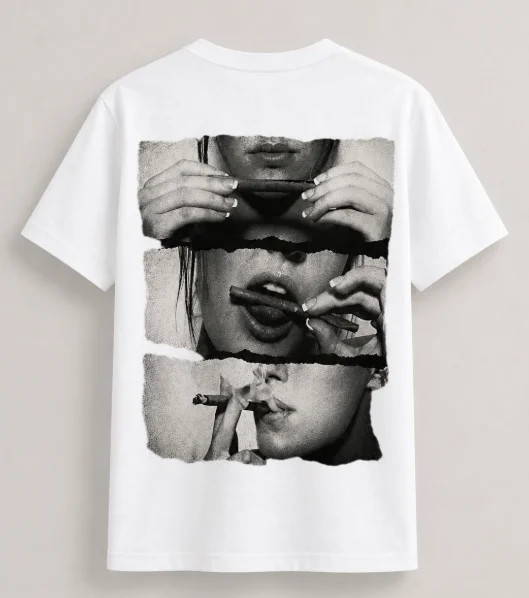 A Loose-fitting White T-shirt with A Striking Black and White Retro Patchwork Pattern Depicting A Woman Holding A Cigarette