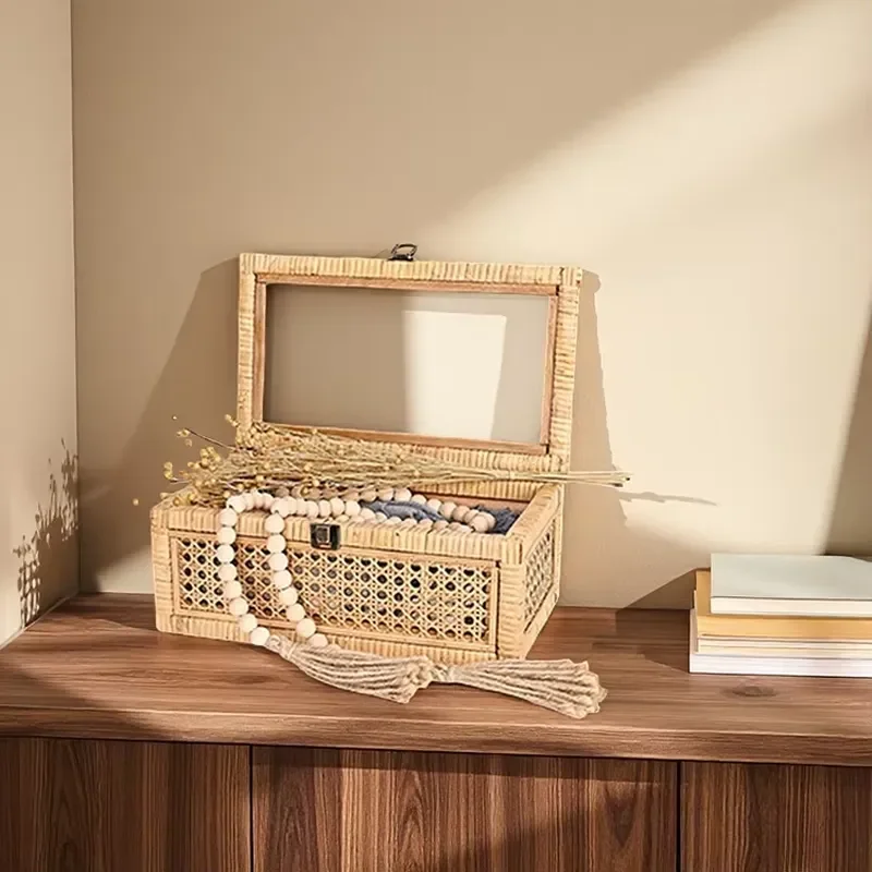Luxury Hand Woven Rectangular Storage Basket Set with Glass Lid Square Home Organizer Box for Living Room Decor 2 Pieces New