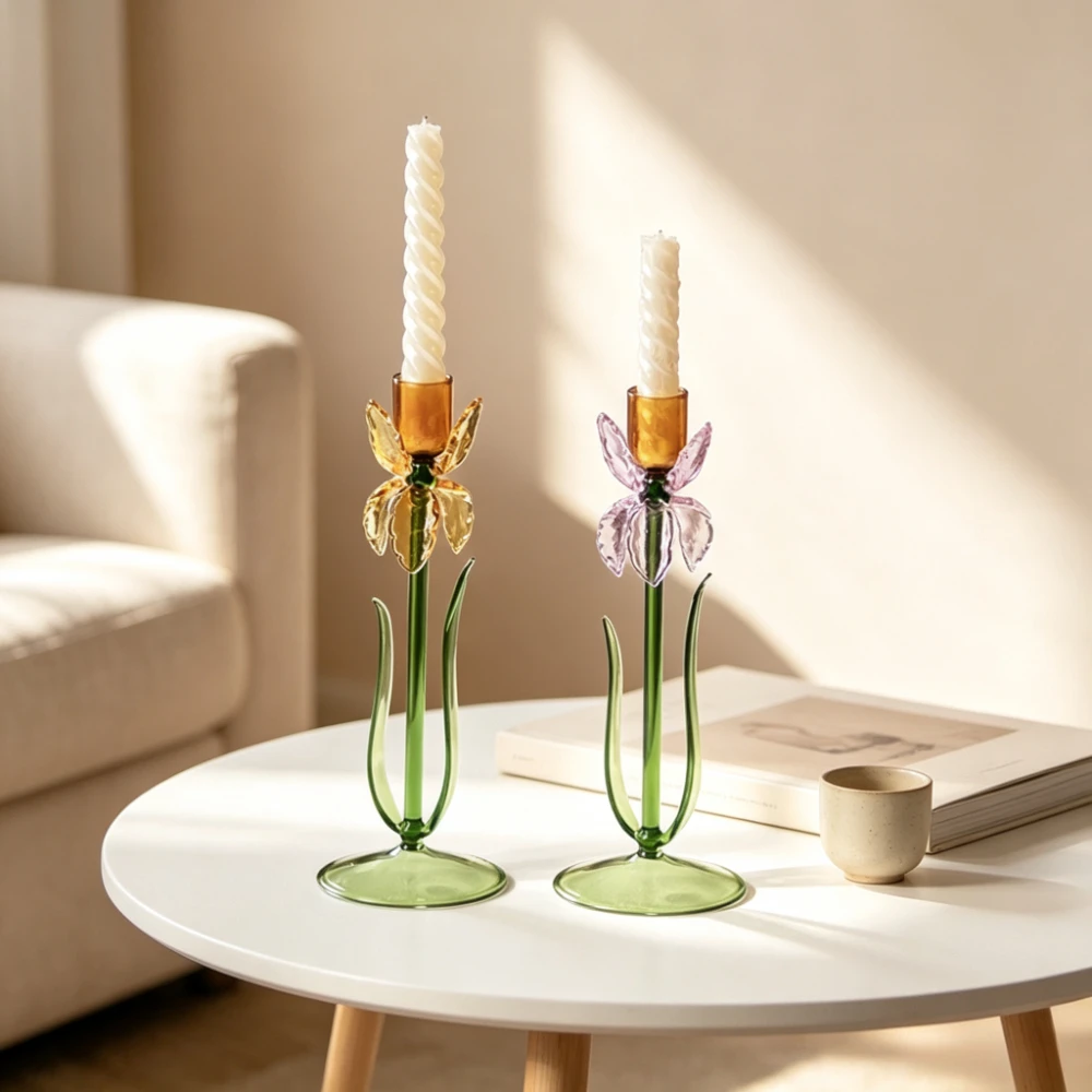 Creative Iris Flower Design Glass Candle Stand French Style Taper Candlestick Living Room Aesthetic Decor Dining Table Ornament