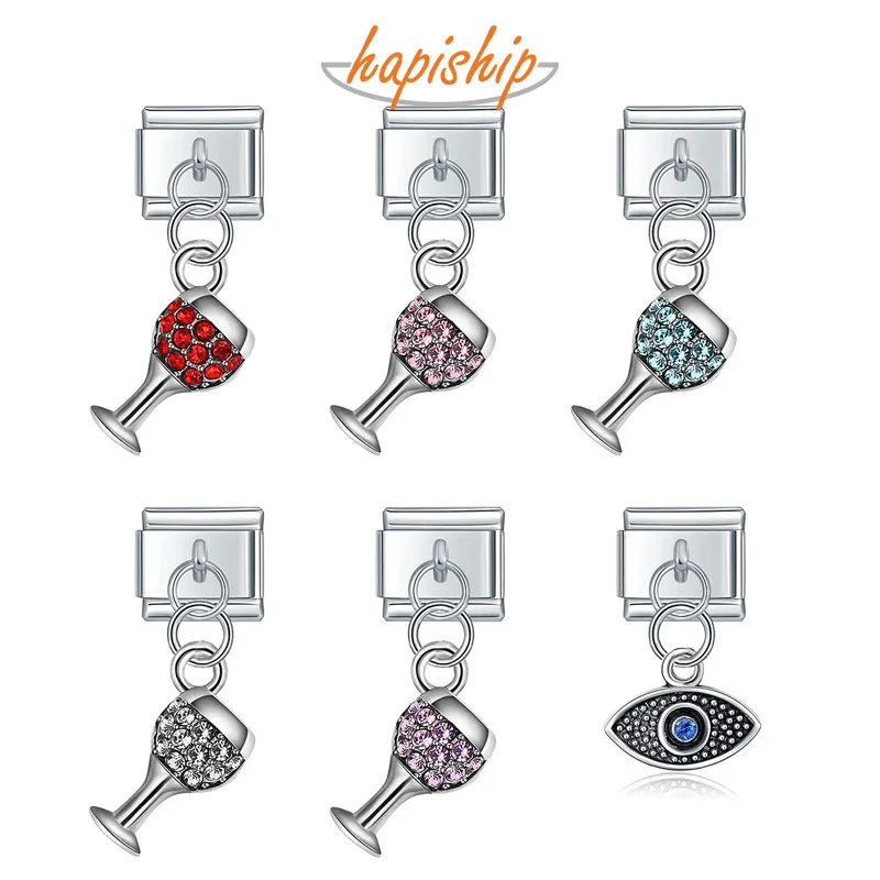 Hapiship Fashion Original Daisy Red Wine Glass Eye Italian Links Charm Fit 9mm Bracelet Stainless Steel Jewelry Making DJ045