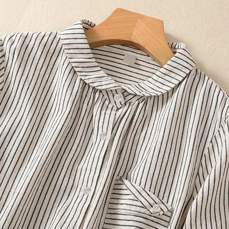 New Spring Autumn Women Long Sleeve Peter Pan Collar Casual Shirts Striped Cotton Linen Single Breasted Casual Blouse Female