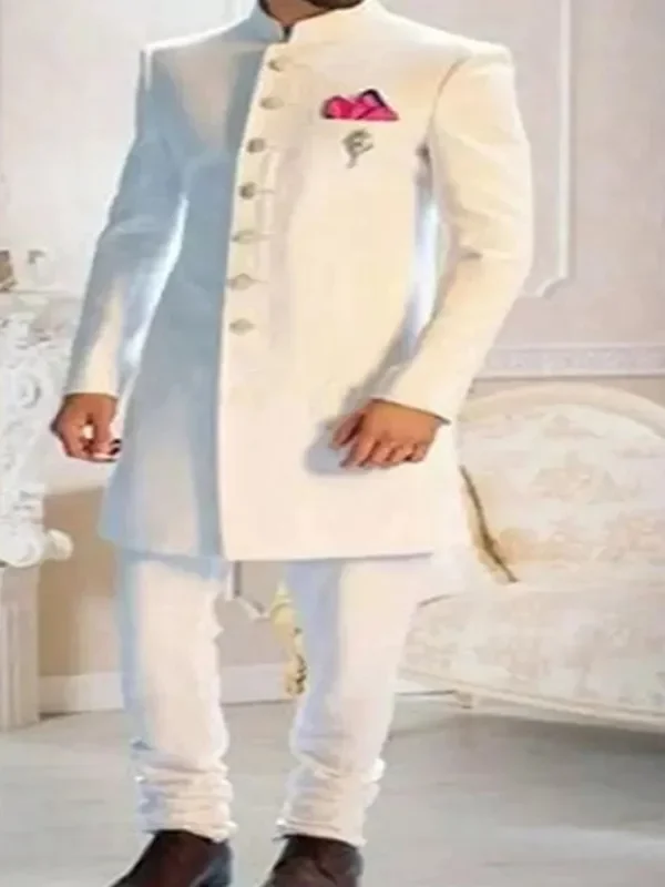 2Pc Fashion Design White Stand Collar Single Breasted Ethnic Indian Tuxedo Groom Long Suits For Men Wedding Formal Slim Fit Wear
