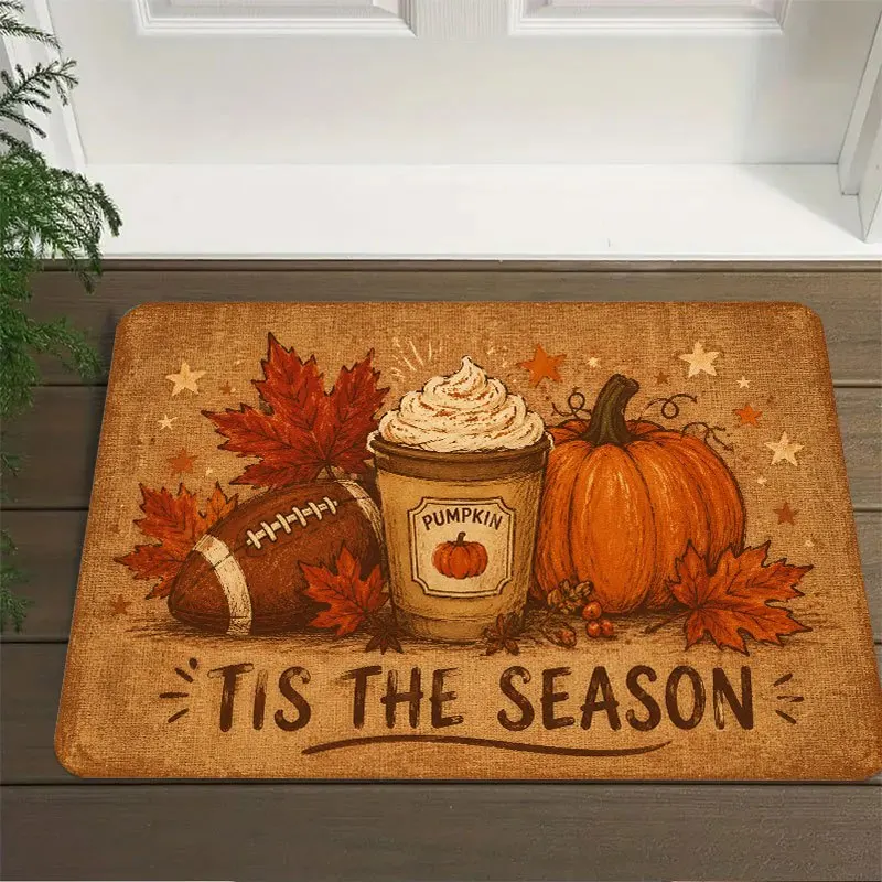 VIKAMA Fall Pumpkin Spice Coffee Football Doormat Non Slip Washable Rug for Front Porch Living Room Autumn Decor
