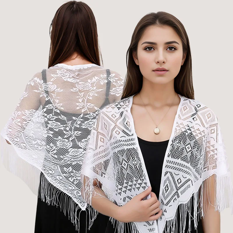 

Hollow Lace Tassel Triangle Scarf Women Floral Embrodiery Shawl Female Thin Solid Foulard Handkerchief Elegant Veil Bandana