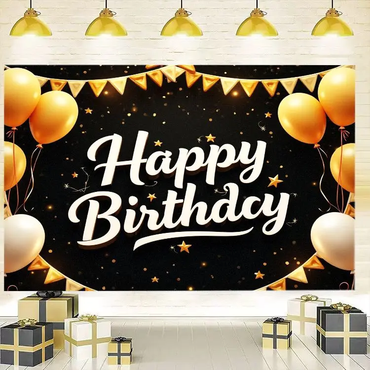 VIKAMA Happy Birthday Backdrop Tapestry Black Gold Balloon Star Pennant Wall Hanging Adult Birthday Party Photography Decor