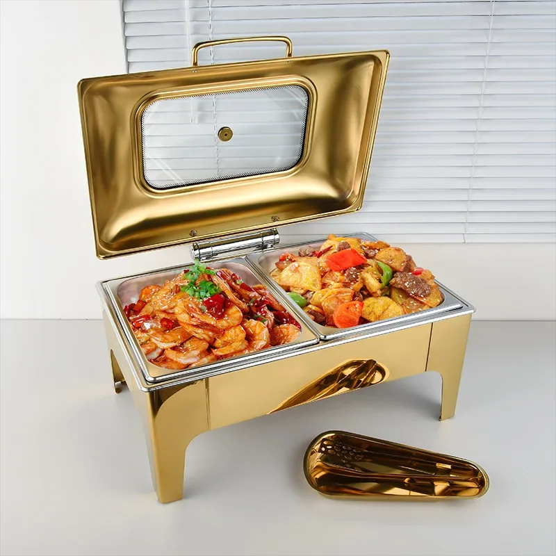 Stainless steel gold-plated buffet furnace Rectangular hydraulic visual cover Insulation restaurant heating Buffy furnace Hotel