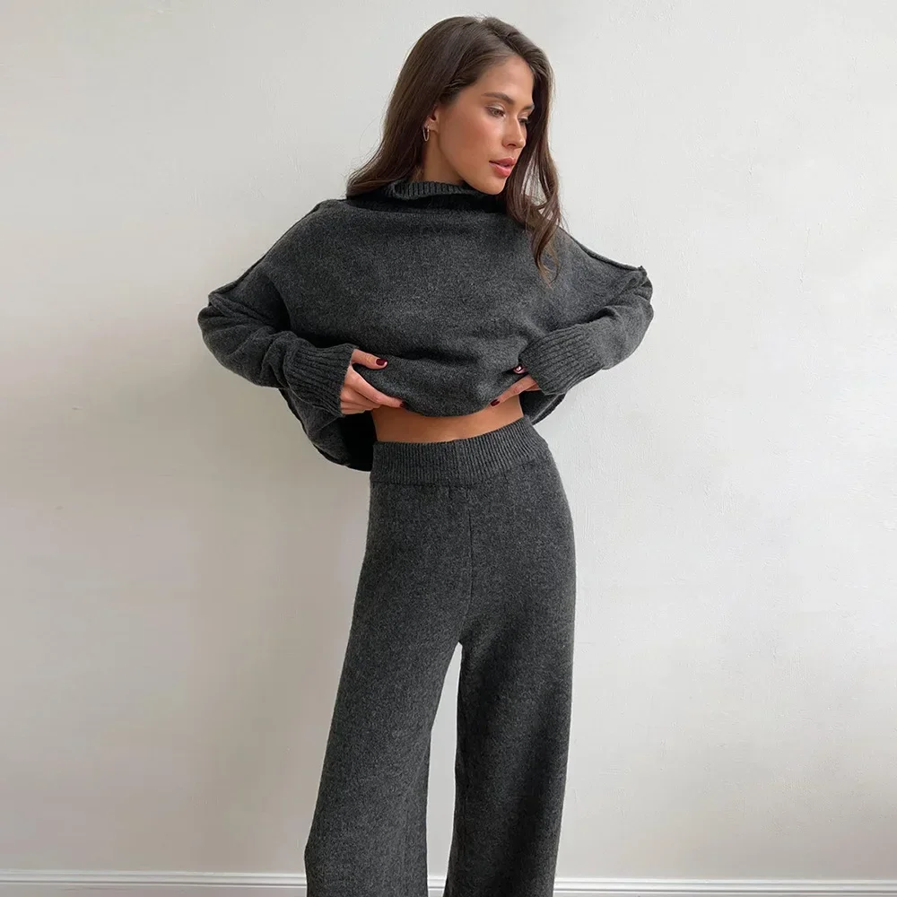 Lazy Style High Neck Knit Sweater Pants Suit Autumn and Winter Women\'s Casual Elastic Loose Sweater Thick Warm Knit Pants Set