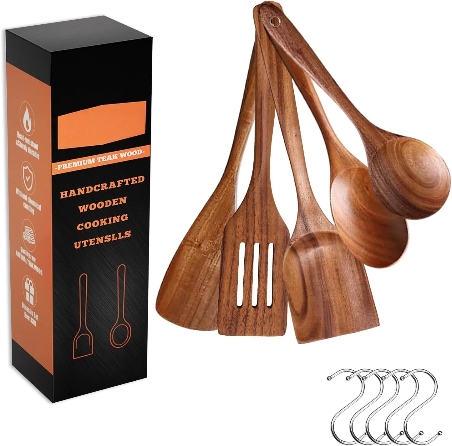 Natural Teak 5-Piece Wooden Utensil Set, Up to 13.4 Inch, Heat & Scratch Resistant, for Non-Stick Pans, Home & Restaurant