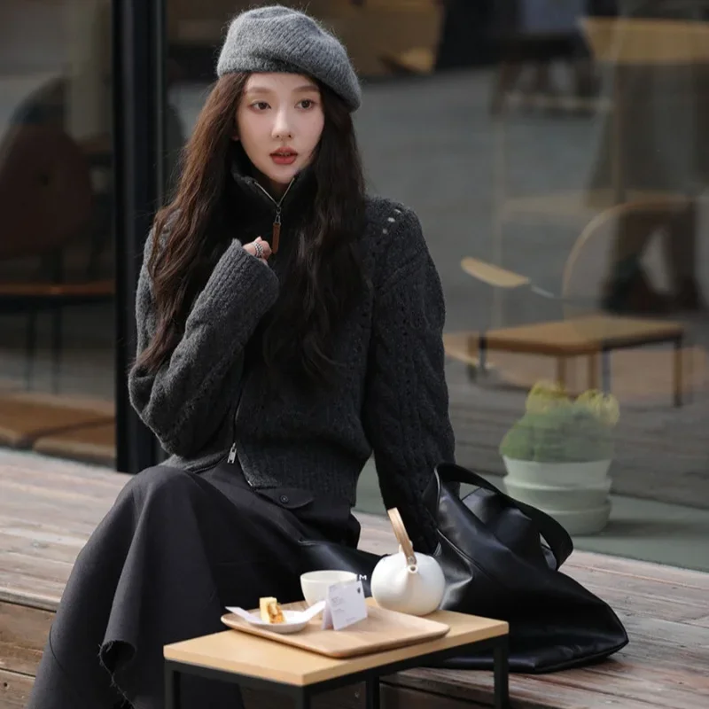 High Quality Retro Twisted Double Zipper Knitted Cardigan Stand Collar Turtleneck Short Jacket Women Winter Sweater Coat Korean