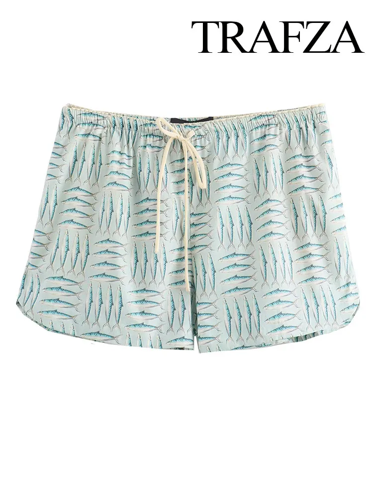 

TRAFZA Summer Women Elegant Shorts Printed Drawstring Bow Lace-up Pocket Decoration Female Vintage Chic Shorts Beach Style Mujer