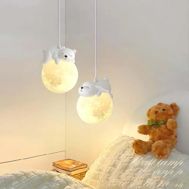 Imagem -02 - Nordic Pequeno Urso Led Luminária Bonito Coelho para Pendurar Lâmpada Sala de Jantar Quarto Criança Lustre Cabeceira Decoração Casa Luminária