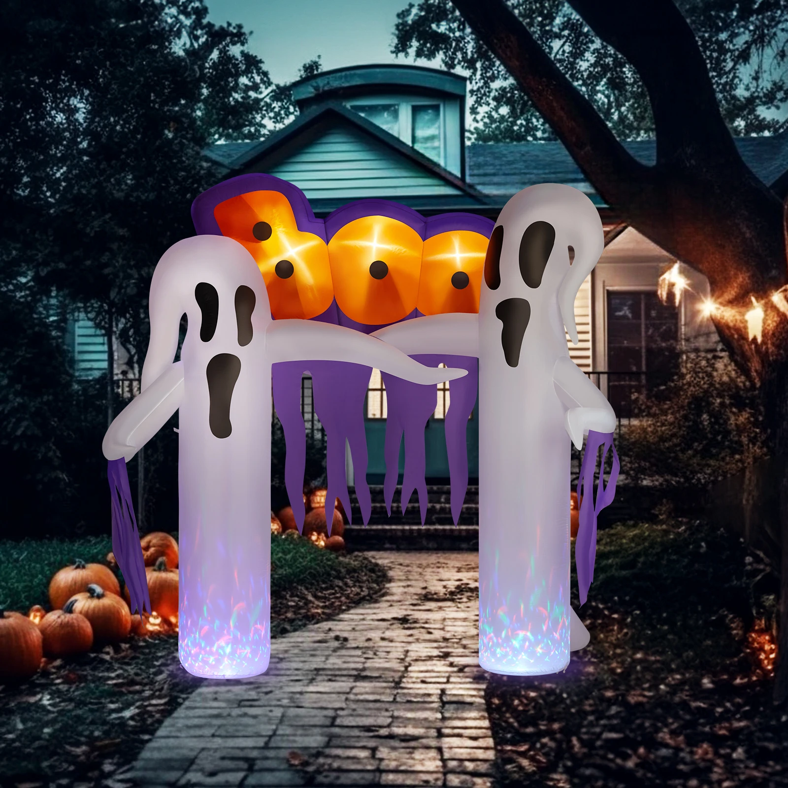 9.8ft White Ghost Arch with 3 LED lights and 2 colorful light panels, featuring Halloween inflatable decoration