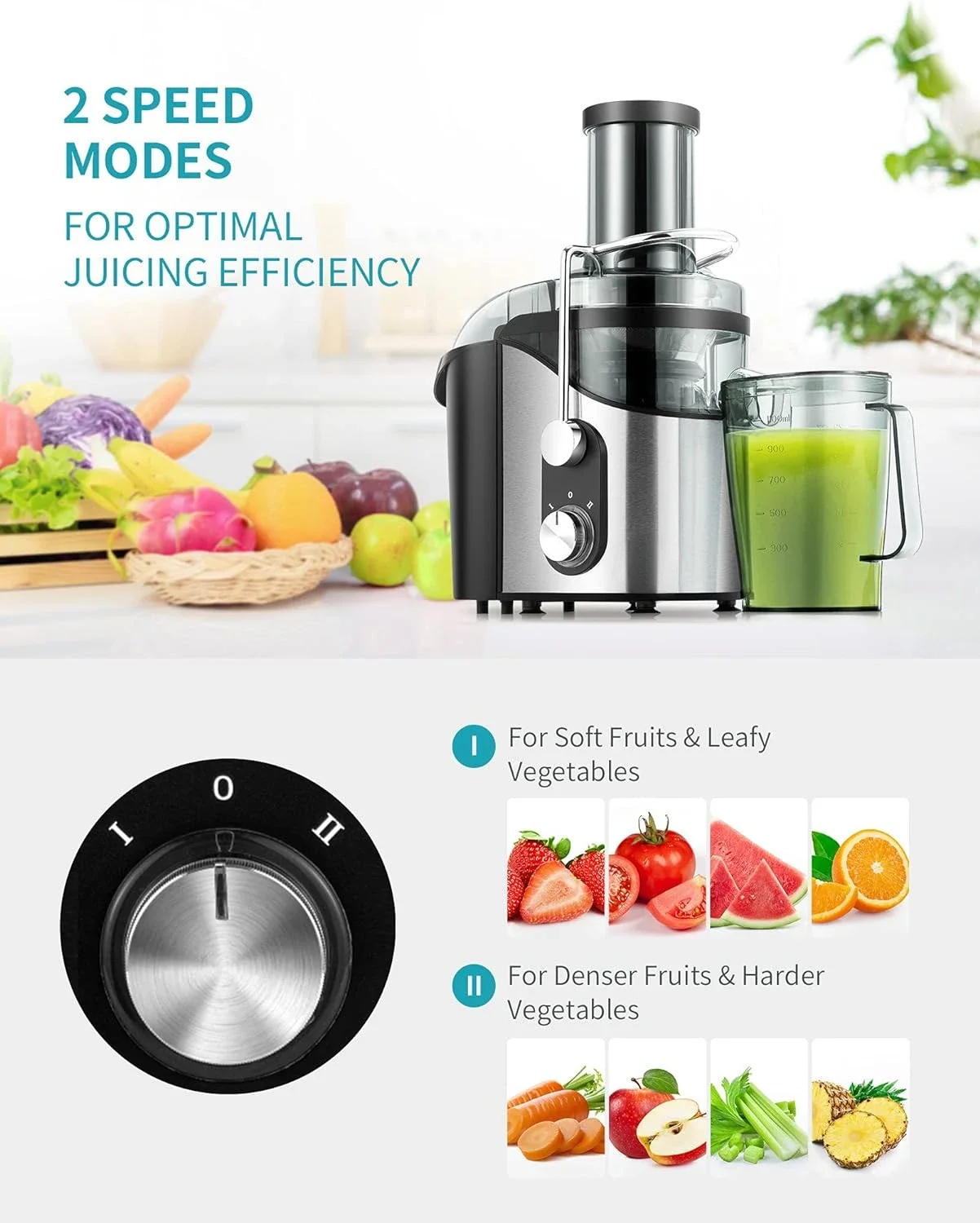 Máquina exprimidora potente de 800w con boca grande, conducto de alimentación de 3 pulgadas, doble velocidad, fabricante de jugo centrífugo para frutas y verduras, fácil