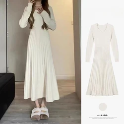 Women's Elegant Dress O-Neck Long Sleeve Dresses Casual All-Match Basic Knitwear New In Winter Korean A-Line Pleat Sweater Dress