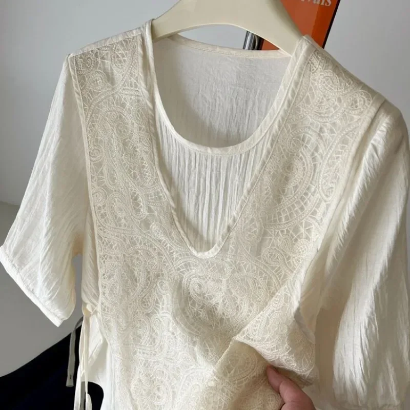 

Two Blouse Women Clothing 2025 Camisas De Mujer Loose Summer Shirts Patchwork Lace Vintage O-neck Short Sleeve Blouses Tops