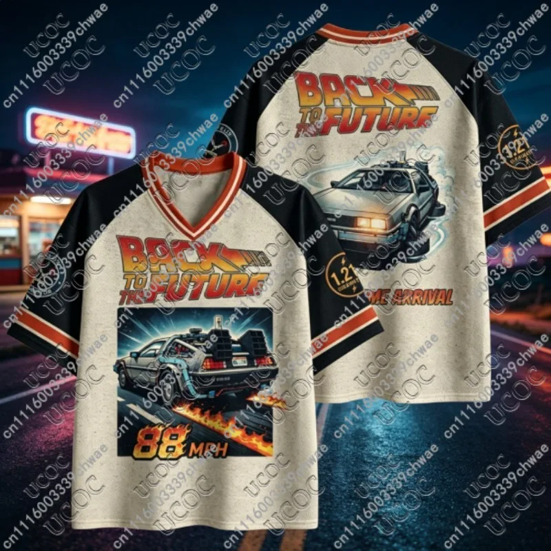 Men Women Back To The Future Movie Themed Mesh Jersey Y2K Oversized Breathable Retro DeLorean Graphic Pop‑Culture Casual Tee