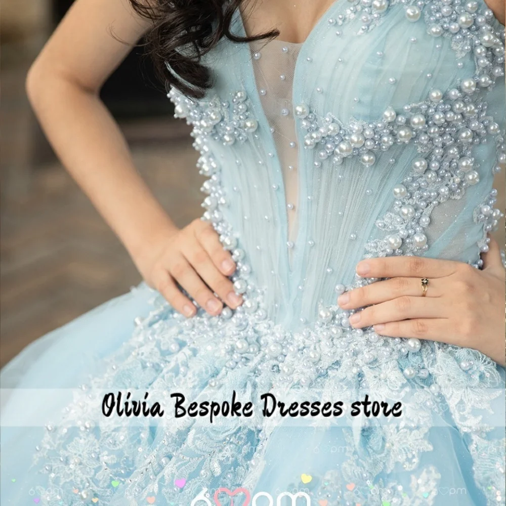 Spaghetti azzurri 15 anni Abiti Quinceanera Applicazioni di pizzo con perline Abito da ballo abiti xv anni Personalizzato