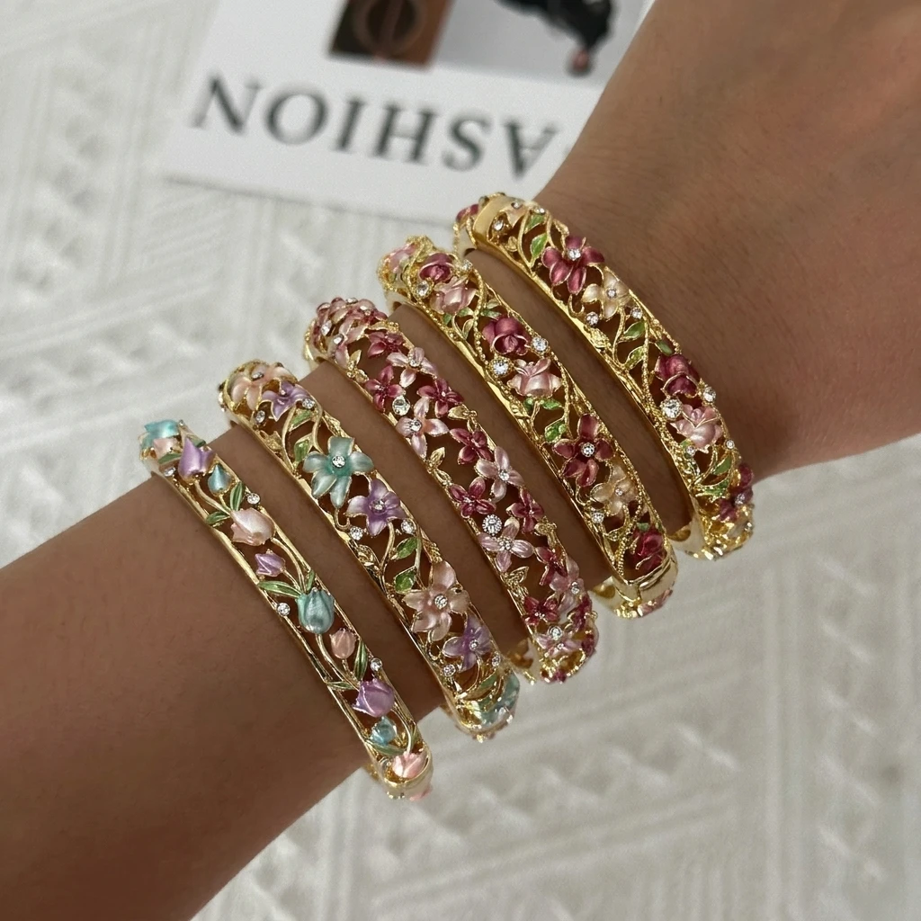 Copper Colorful Hollow Flower Bracelet Ring Set for Ladies Cute Oil-Drop Diamond-Embedded Tulip Rose Flower Bracelet Jewelry