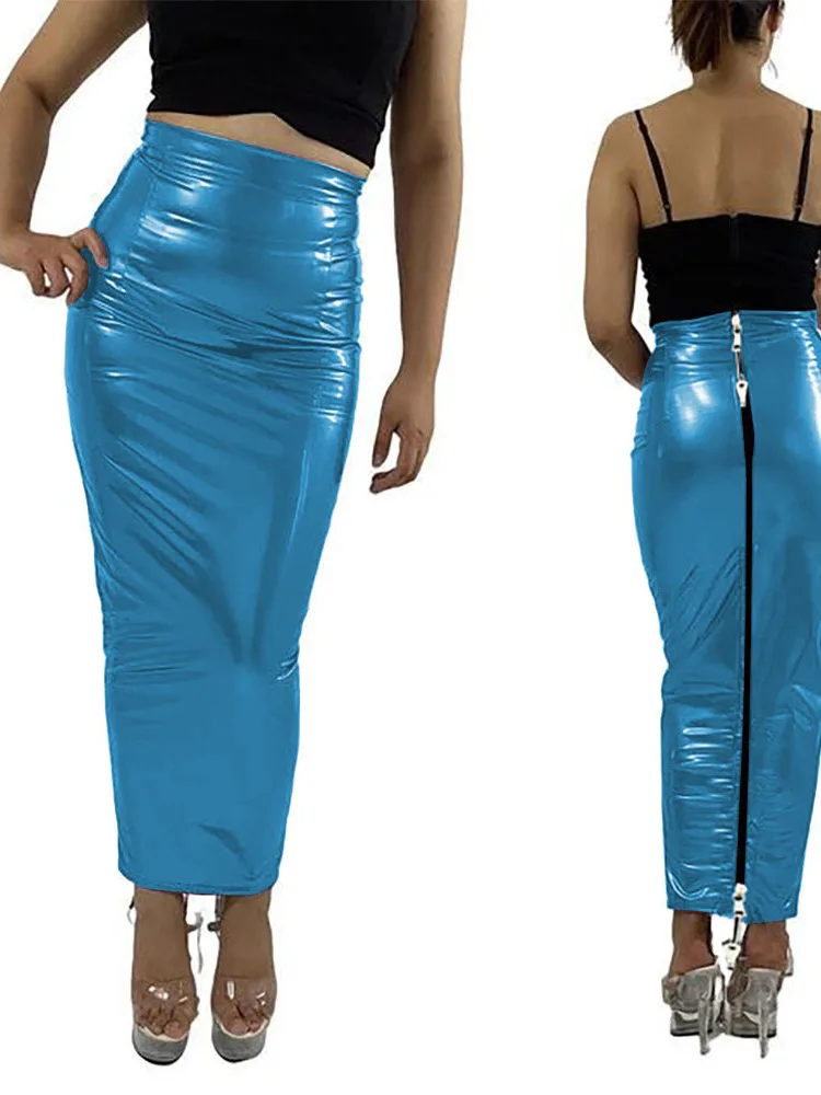 

High Waist Slim Fit Ankle Length PVC Half Skirt with Lockable Double Zipper Role Playing Pencil Skirt for Women