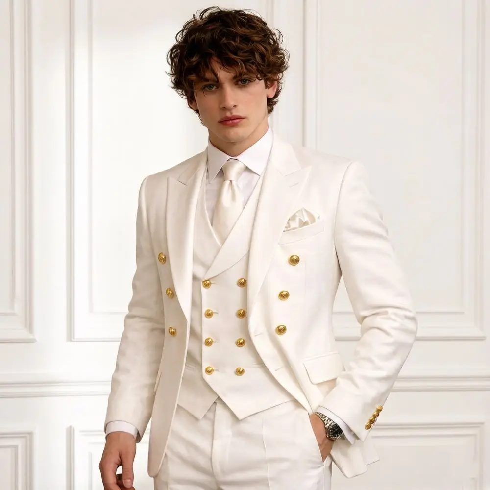 Mens Ivory 3 Piece Suits Vintage Double Breasted Slim Fit Wedding Tuxedo 6 Gold Buttons Cuff Flap Pockets Groom Prom Party