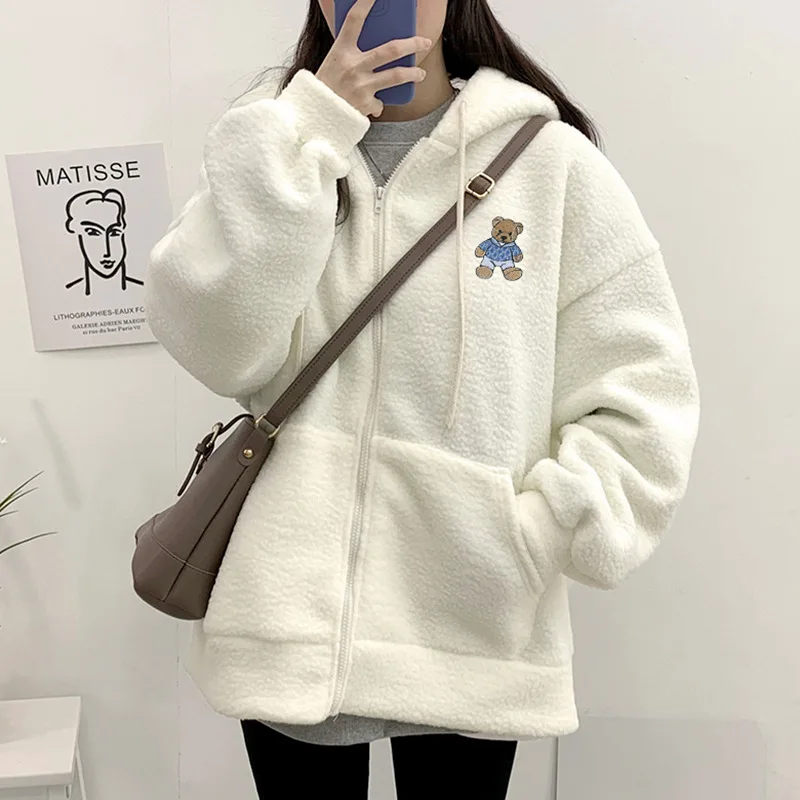 Temperament Fashion Bear Embroidery Lamb Hair Zipper Hooded Sweatshirt Sweater Coat Female Autumn and Winter New Korean Version