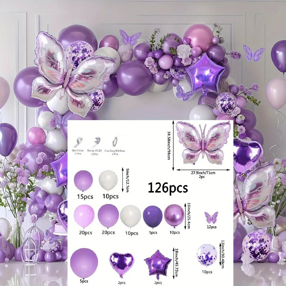 126pcs Purple Butterfly Balloon Set containing butterfly shaped aluminum balloons for birthday, wedding decoration.