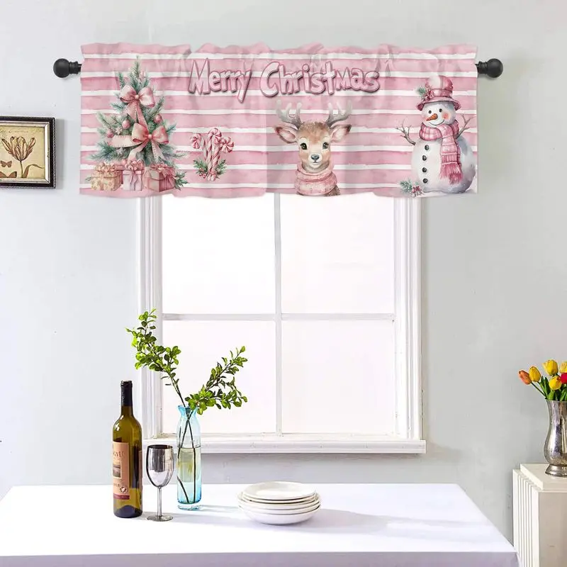 VIKAMA Christmas Short Curtains Valances Pink Reindeer Snowman for Kitchen Window Home Winter Holiday Window Decor