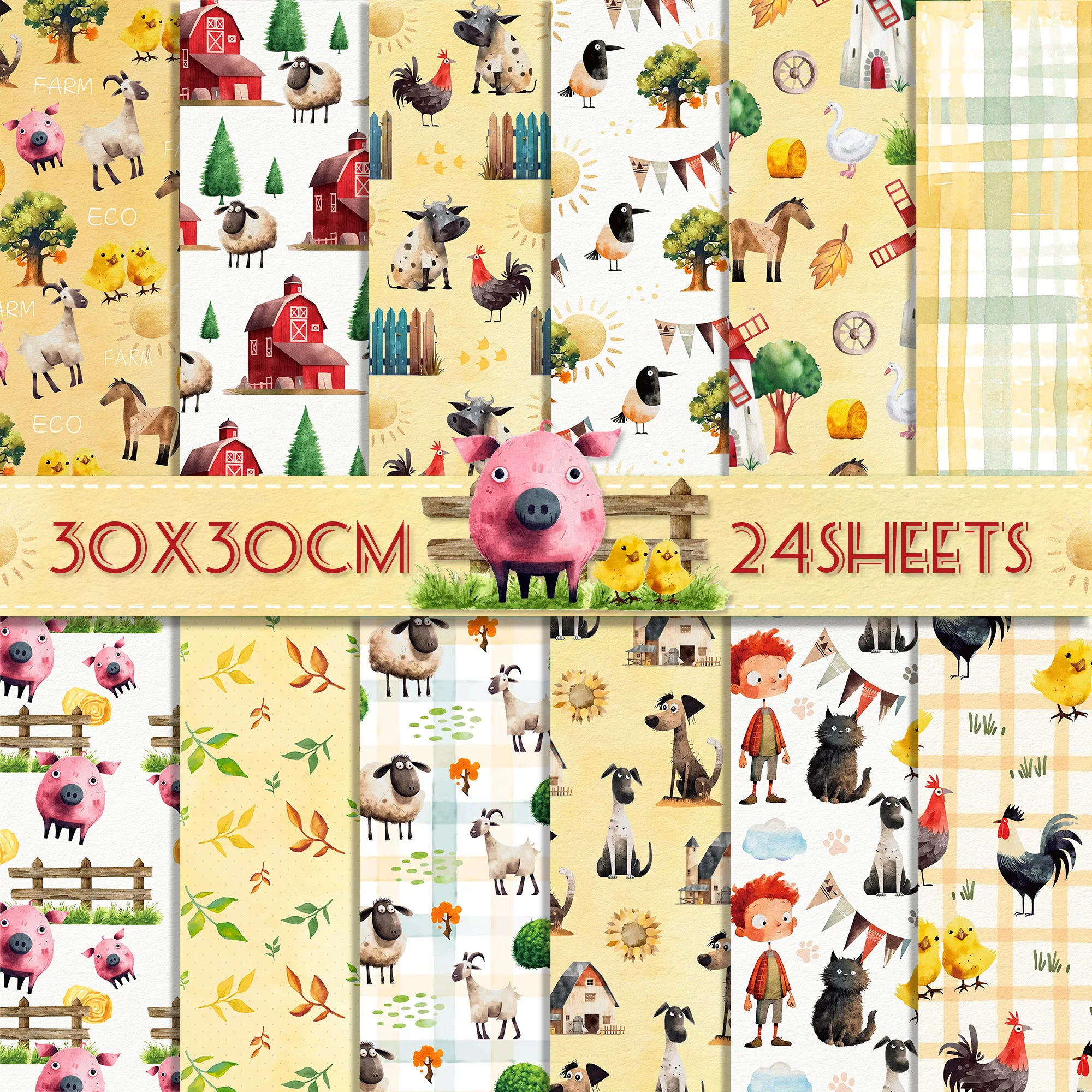 24pcs 30*30cm Farm Animals Scrapbook Craft Paper Scrapbooking Art Background Paper Origami Card Making Photo Album Decoration