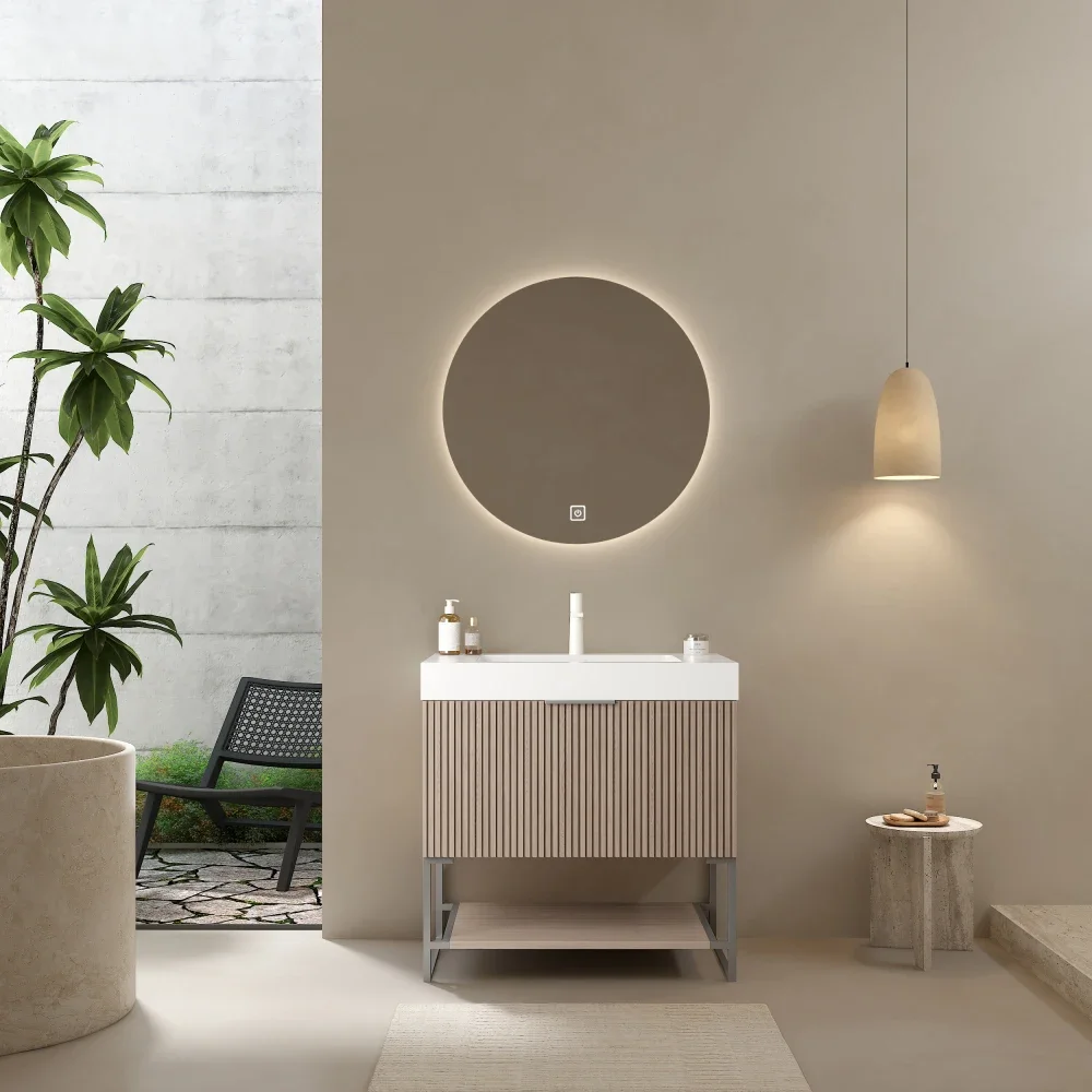

YOLAN 30" Bathroom Vanity With Sink, Freestanding Plywood Striped Storage Cabinet With Drawer And Open Shelf, Rectangle Integrat