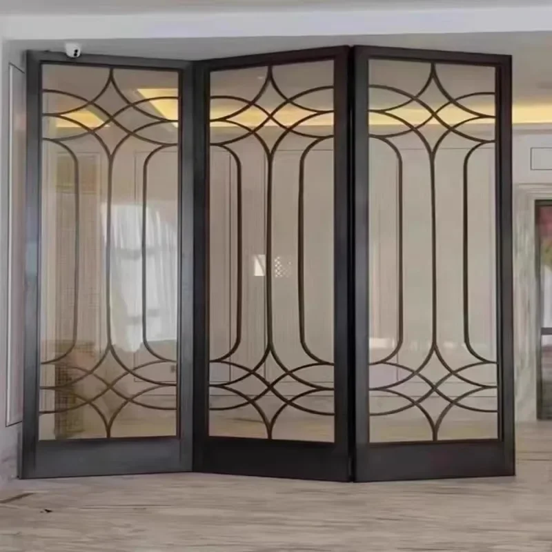 Stainless steel art wire glass screen entrance lobby revolving door partition hotel restaurant metal sliding